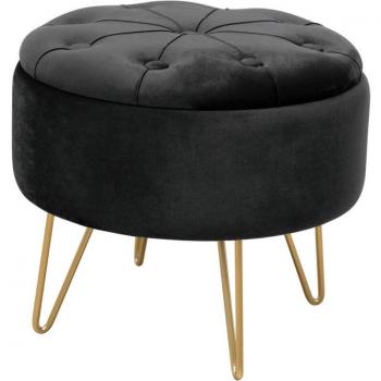 Pouf de Rangement Matelassé AKORD CARO en Velours Noir