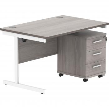 Single Upright Rectangular Desk 1200×800 in Grey Oak/White with 3 Drawer Mobile Ped