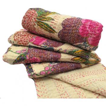 Copriletto reversibile in cotone con ricamo Kantha, motivo floreale