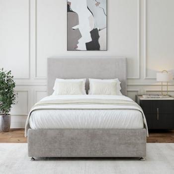 King‑Size Velvet Comfort Base with 2 Drawers and Plain Headboard – Light Grey