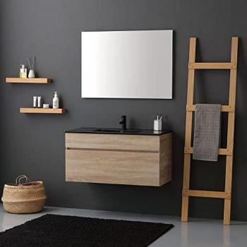 Mobile Bagno Sospeso 100Cm Quercia con Lavabo Nero Opaco Sole