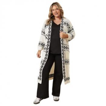 Ivory XL Women's Curve Argyle Ribbed Edge-to-Edge Maxi Cardigan