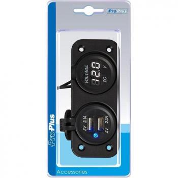 Kit de montaje en pared: Voltímetro + enchufe USB doble 2x2100mA en blíster