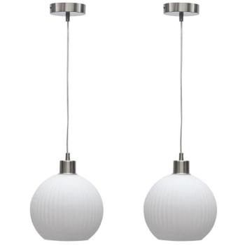 Betchley 2‑Pack White Ribbed Glass Pendants – Silver Finish