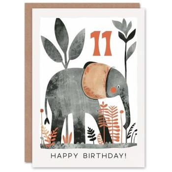 Safari Elephant Birthday Card – 11th Birthday Greeting Card for Boys & Girls (Cute Cartoon Design)