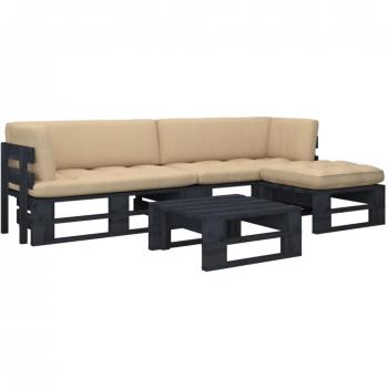 Set de jardin palette 4 pièces avec coussins en pin noir