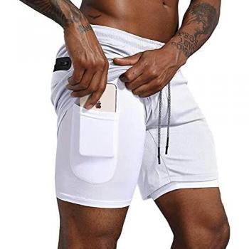 Danfiki Athletic Shorts for Men – 2-in-1 Running/Workout with Phone Slot, White