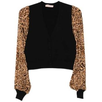 Cardigan Nero Stampa Leopardata