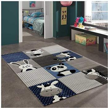 Tapis Enfant 60x110 cm Zoo Bleu Tapis Chambre Tapis Rectangulaire Adapté au Chauffage par Le Sol