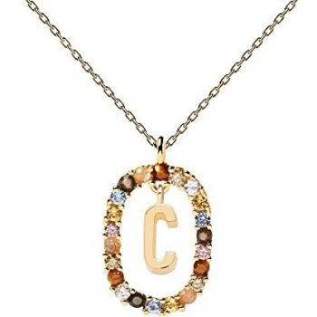 PDPAOLA Collar Letra C  Plata Baño oro 18kt. piedras colores