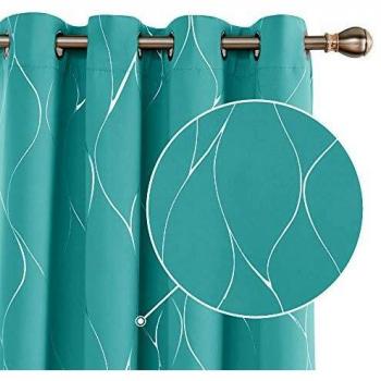Deconovo Thermal Insulated Eyelet Blackout Curtains, Silver Wave Line Foil Printed, 46 x 90 Inch, Turquoise, one pair