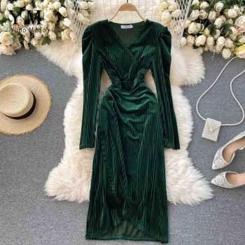 Robe en velours de luxe pour femme, col en V, froncé, style maxi
