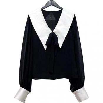 Women's Lantern Sleeve Patchwork Blouse with Bowknot
