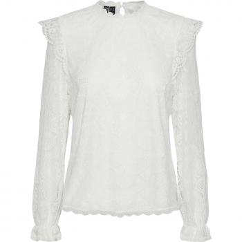 Pieces Damen Langarm-T-Shirt Olline Weiß XS mit Häkelspitze