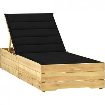 Chaise Longue Extérieure avec Coussin Noir en Bois de Pin