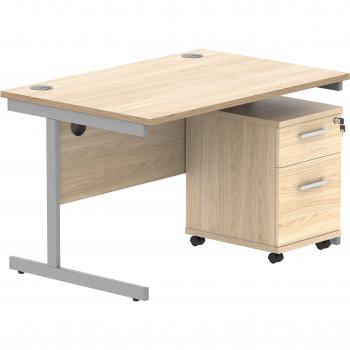 Oak & Silver Office Stand: 2‑Drawer Mobile Pedestal for 1200 mm × 800 mm Desk