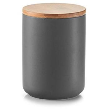 Boîte de Rangement en Céramique Anthracite, Couvercle Bambou, 650 ml