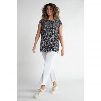 Top Svasato Nero con Fiori e Mezze Maniche, Scollo Girocollo, Donna, Taglia 60/62, Viscosa