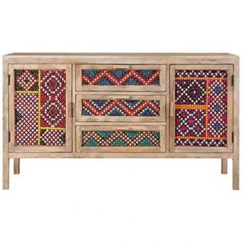 Buffet 3 tiroirs 2 portes en bois et cannage