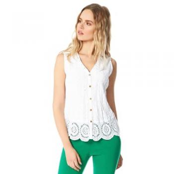 Roman Style White Embroidered Crinkle Blouse with Eyelet Detail