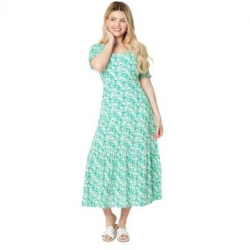 Womens Green Floral Scoop Neck Midi Dress