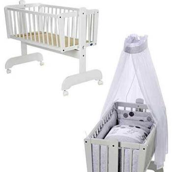 Weißes Alvi Pendelwiege Sina Buche 40x90 cm mit Hippo-Wiegenset (Silber)