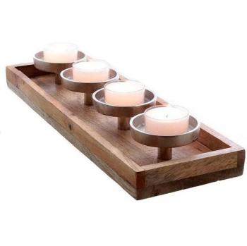 Plateau à bougies en bois de mangue avec 4 supports métalliques