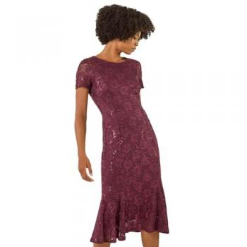 Robe Midi Rouge Dentelle Feuille Roman EU 48
