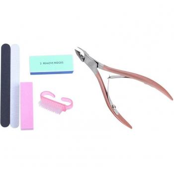 Ensemble pro de manucure Tofu 5 objets : bloc polish, coupe‑ongles, pousse‑cuticules, pince rose
