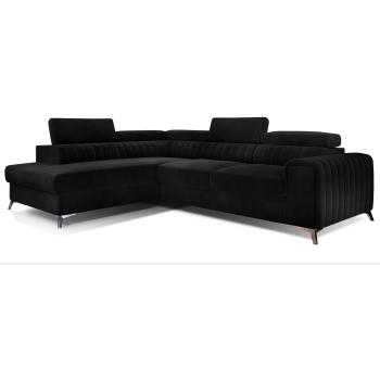 Canapé Loza D'Angle Convertible Velours – Coffre inclus, appui-tête réglable, pieds acier chromé (Noir)