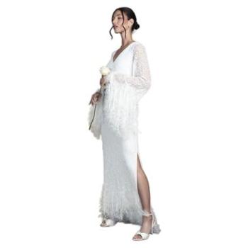 Sequin-Embellished Ivory Maxi Wedding Dress with Feather Trim, 12