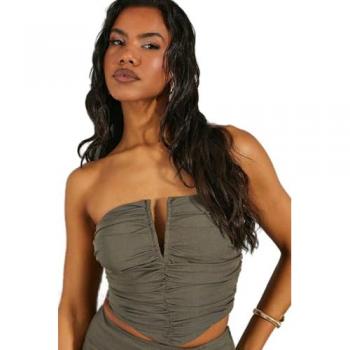 Khaki Linen Look Ruched Bandeau Top