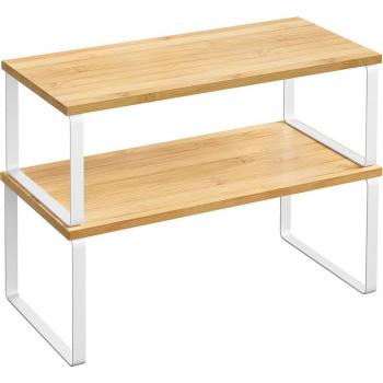 Estante de Almacenamiento para Cocina, Juego de 2 Unidades, Organizador Expandible en Metal y Bambú, Portaespecias Apilable, Blanco y Natural