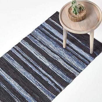 Texas Leather & Denim Woven Striped Blue Hallway Runner Rug, 66 x 200 cm
