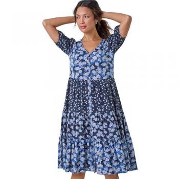Chemisier fluide bleu à fleurs, jupe tiered – EU 38 / UK 10