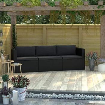 Banc de jardin 3 pcs avec coussins Résine tressée Noir