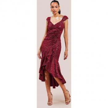 Wine Velvet & Sequin Bardot High Low Midaxi