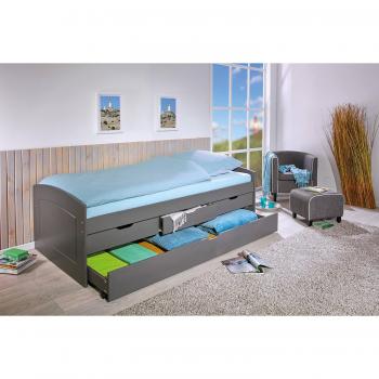 DMORA lettone con cassetti in pino massello tinto grigio – 98x205x63 cm