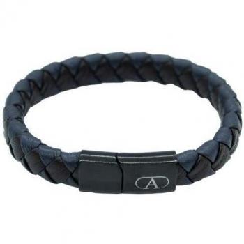 Pulsera de cuero azul y marrón con cierre de acero inoxidable negro trenzado