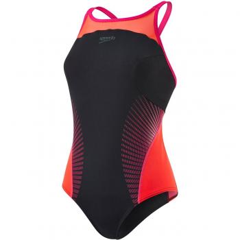 Bañador Speedo Fit Splice Crossback para Mujer, Negro/Rojo Lava/Rosa Eléctrico, Talla 36
