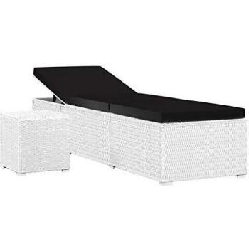 Lettino Prendisole in Polyrattan Bianco con Cuscino e Tavolino