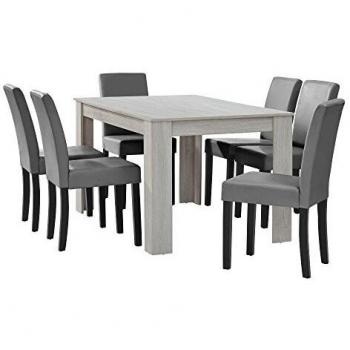 Table à Manger chêne blanc avec 6 chaises gris brillant cuir synthétique rembourré 140x90