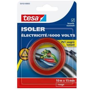 Ruban adhésif Tesa pour isolation électrique avec PVC souple, 10 mètres x 15 millimètres, rouge