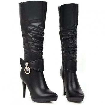 Botas de Tacón Fino para Mujer, Cuero PU, Punta Puntiaguda, Cristales, Cremallera, Otoño-Invierno, Tallas 34-40