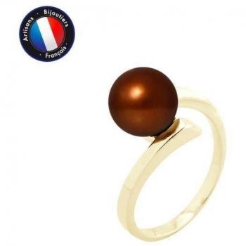 Bague en Or Jaune avec Perle d'Eau Douce Ronde 8-9 mm Chocolat Femme