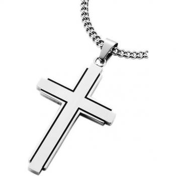 Kette mit Anhänger FIRETTI „Schmuck Geschenk, Kreuz, teilweise geschwärzt“, Halsketten, Gr. Edelstahl, L: 50 cm, B: 3,7 mm, schwarz (Edelstahlfarben, Schwarz), Damen