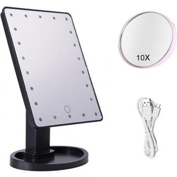 LED Vanity Makeup Mirror with 22 Lights, 10X Magnification, Touch Dimmer, 360° Rotation, USB Powered