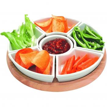 Rotary Dining Tray: 6 Transparent Ceramic Bowls on Wood