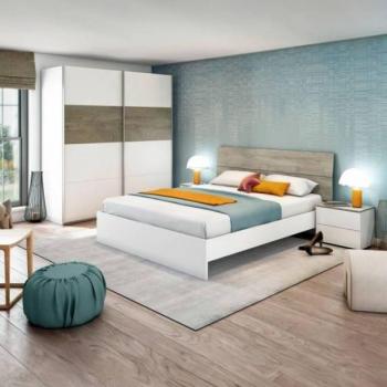 Pack de muebles dormitorio ethna estilo nórdico en color roble alaska y blanco con cama con cajones, cabecero con mesitas de noche y armario