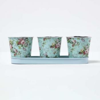 Cache‑pot rond bleu à motif rose – Zinc – HOMESCAPES – Plateaux